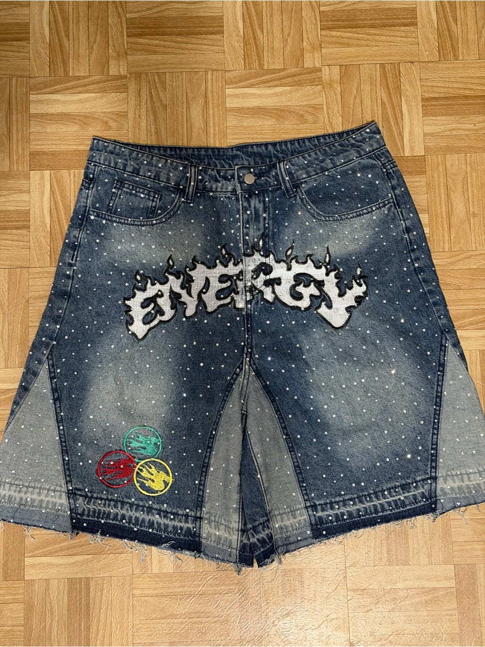 Embellished Dark Blue Denim Shorts with Flame Patch